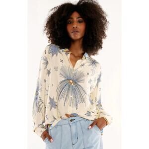Wild 'Bonaventure Comete' Long Sleeve Button-Up Shirt Cream Blue Women's Size 2